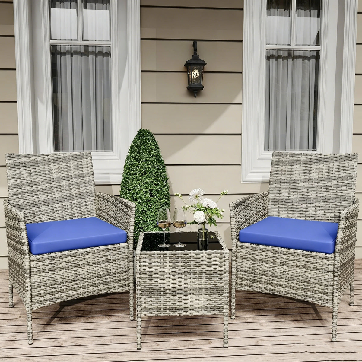 3-Piece Terrace and garden Bistro Set PE Rattan 2 Chairs coffee table Set Small Seating Set with Pillows for Balcony, Terrace and garden