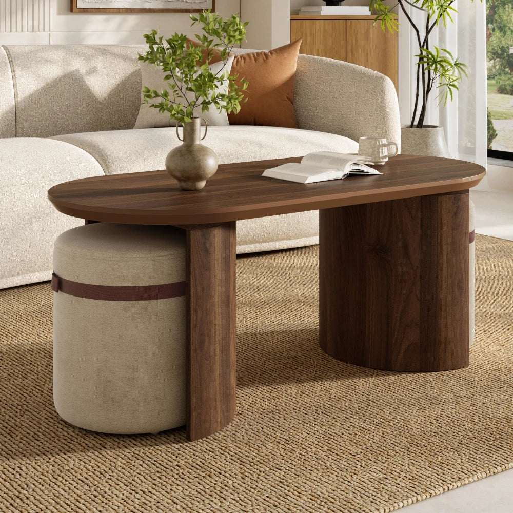 Coffee Table Set with 2 Stools, Oval Coffee Table, Upholstered Stools, Sofa Table, Modern Style, Rounded Edges, Mdf, Walnut Color