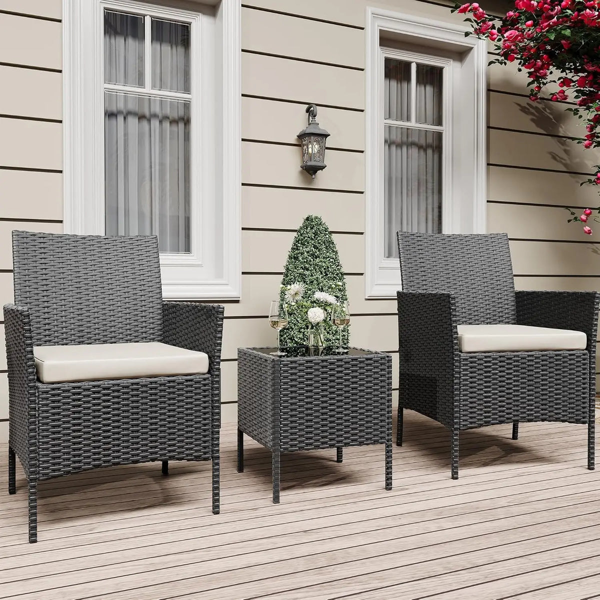 3-Piece Terrace and garden Bistro Set PE Rattan 2 Chairs coffee table Set Small Seating Set with Pillows for Balcony, Terrace and garden