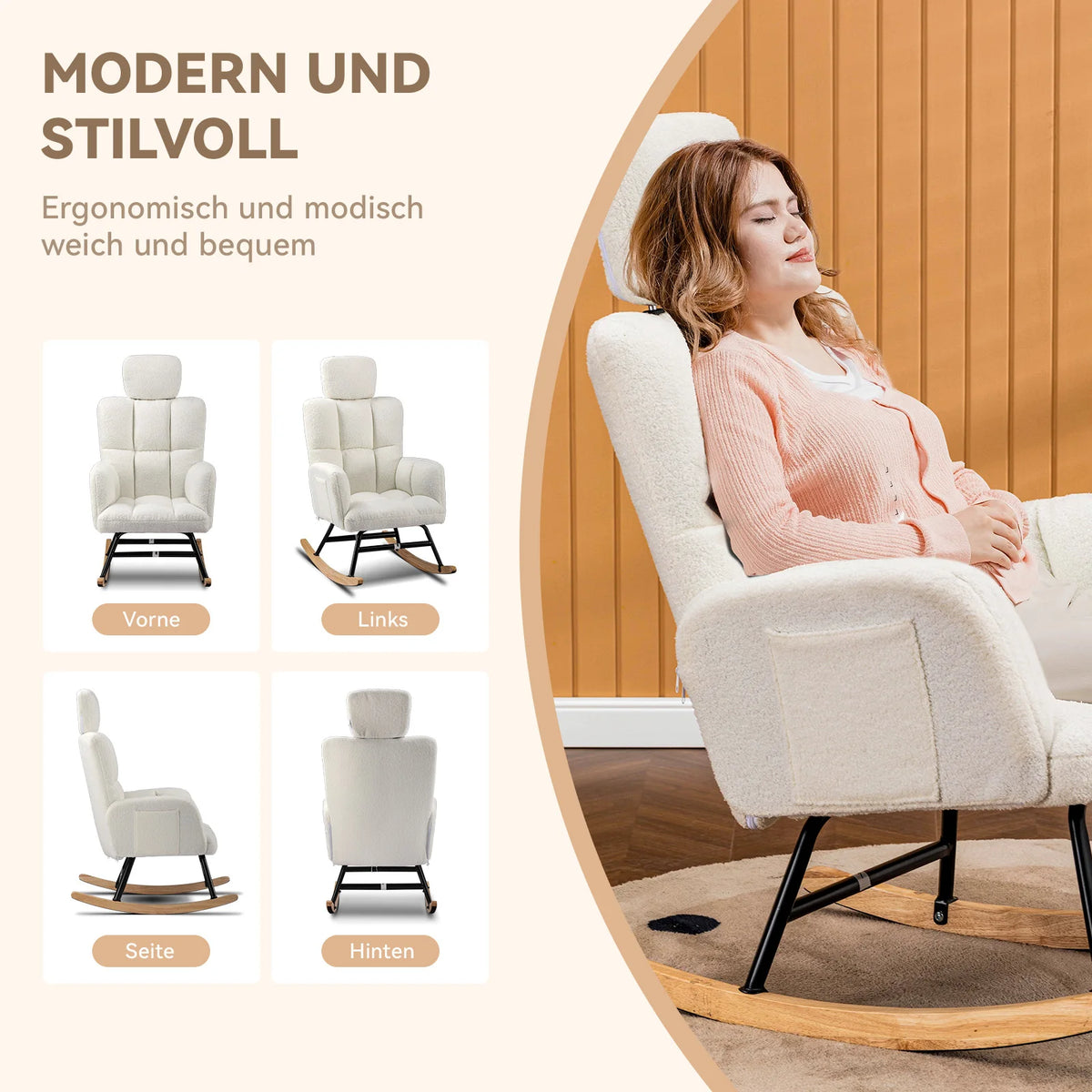 COMHOMA Rocking chair Rocking armchair with Armrests Headrest, Teddy Plush Swing armchair Ear armchair Sunbed Beige
