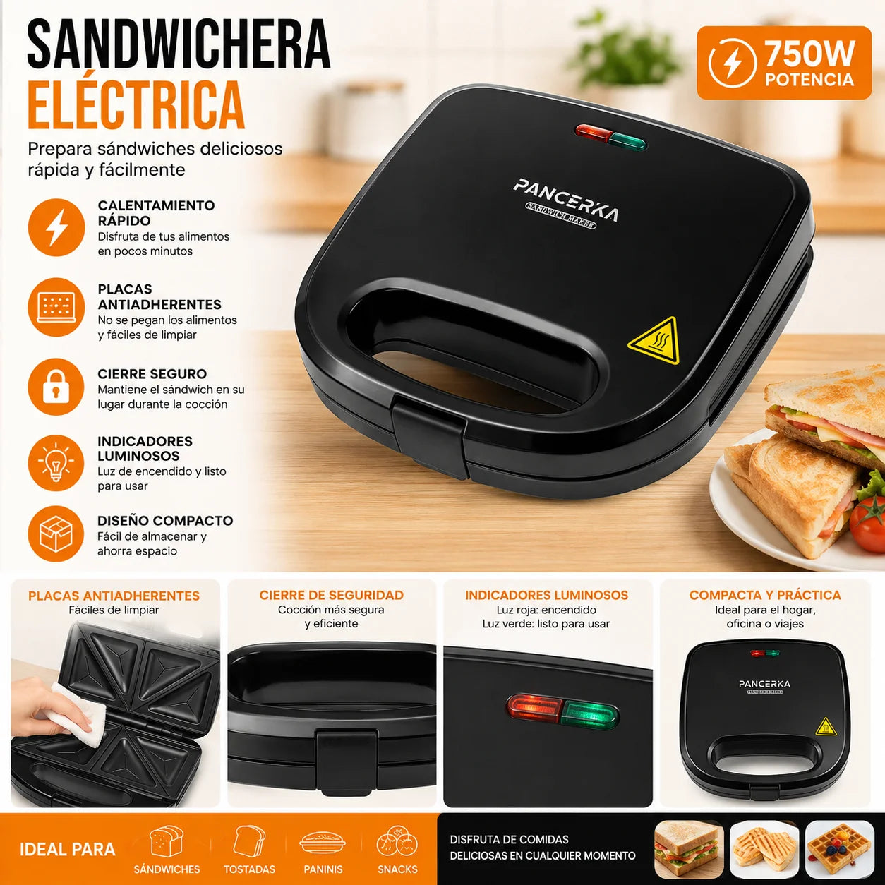 750W Electric Sandwich Maker for Sandwiches, Panini Toaster with 2 Non-Stick Plates, Breakfast Machine, Quick and Easy Cooking