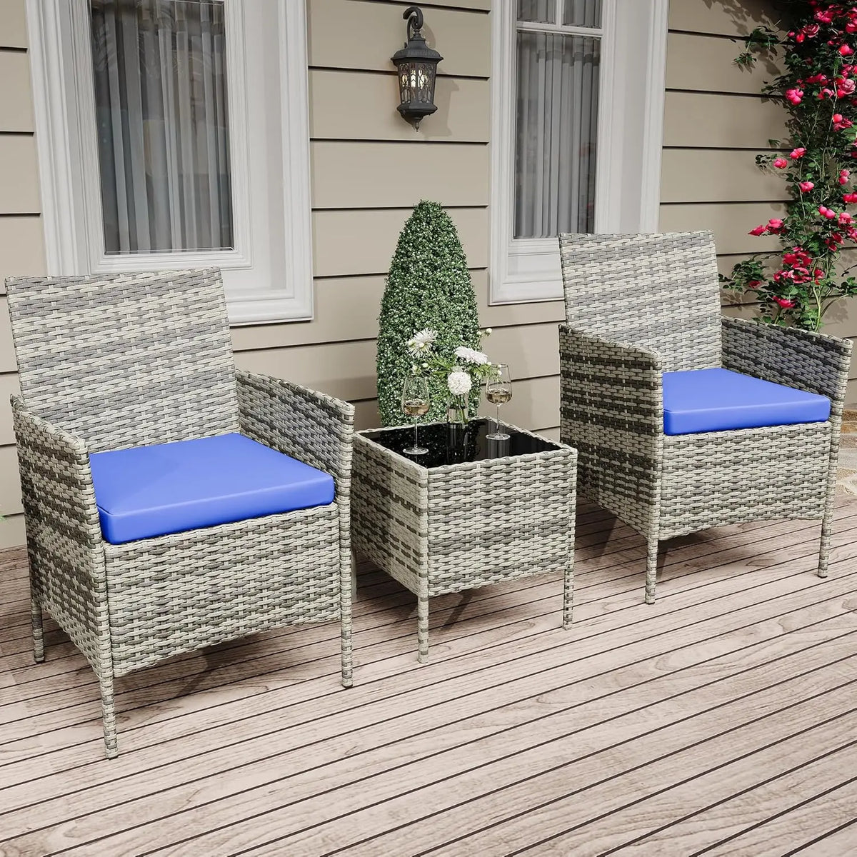 3-Piece Terrace and garden Bistro Set PE Rattan 2 Chairs coffee table Set Small Seating Set with Pillows for Balcony, Terrace and garden