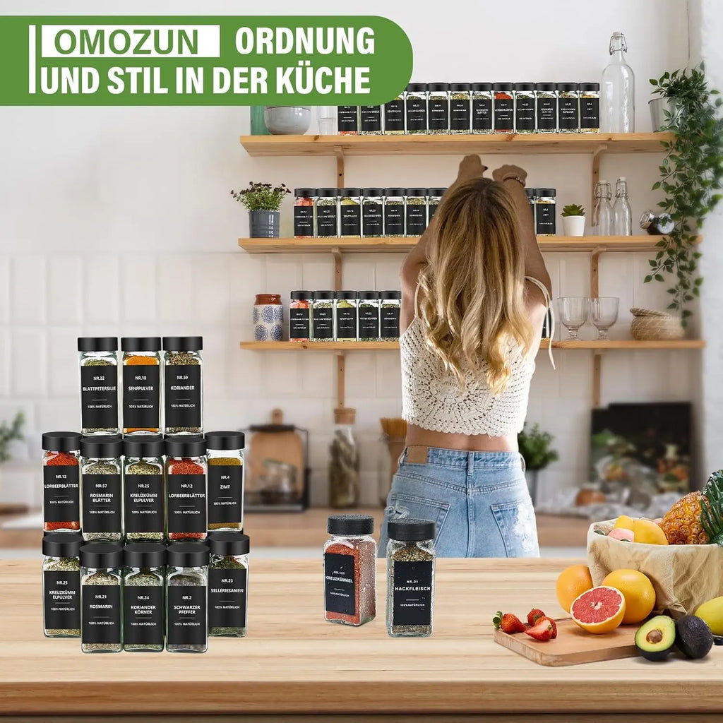Spice storage containers with lid, 12 set, glass container, square, waterproof lettering 120 ml, frosted lid, durable, Black
