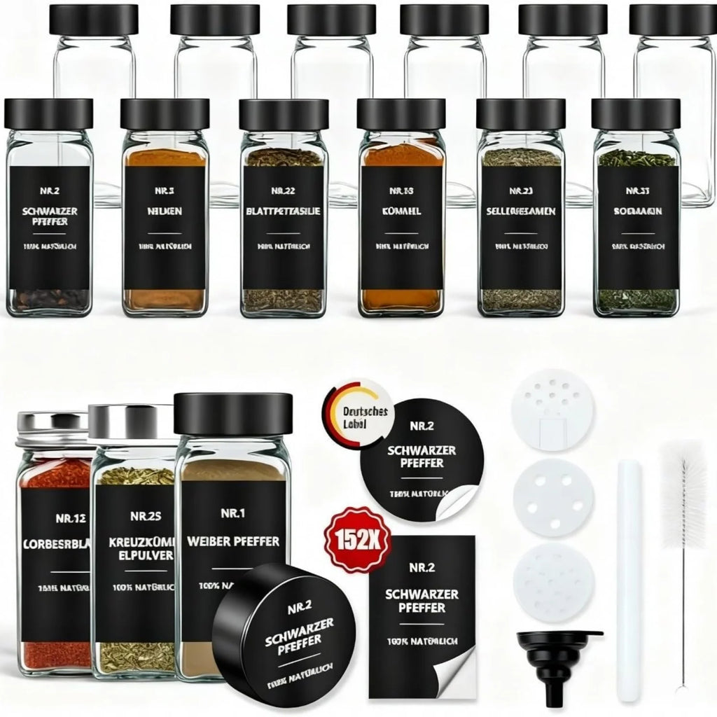 Spice storage containers with lid, 12 set, glass container, square, waterproof lettering 120 ml, frosted lid, durable, Black