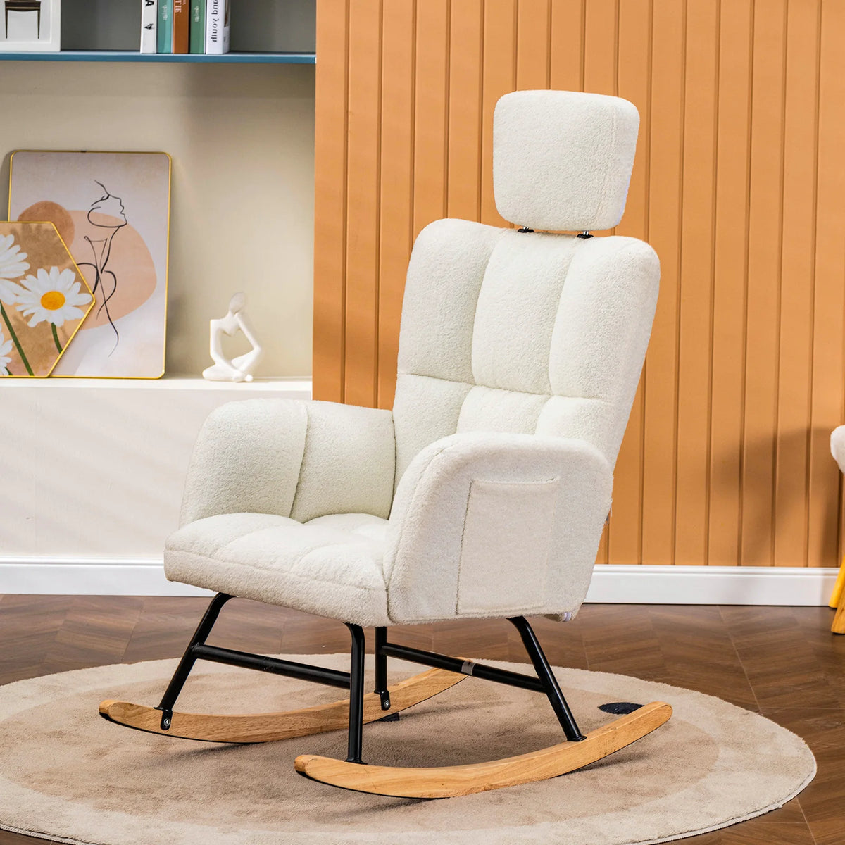 COMHOMA Rocking chair Rocking armchair with Armrests Headrest, Teddy Plush Swing armchair Ear armchair Sunbed Beige