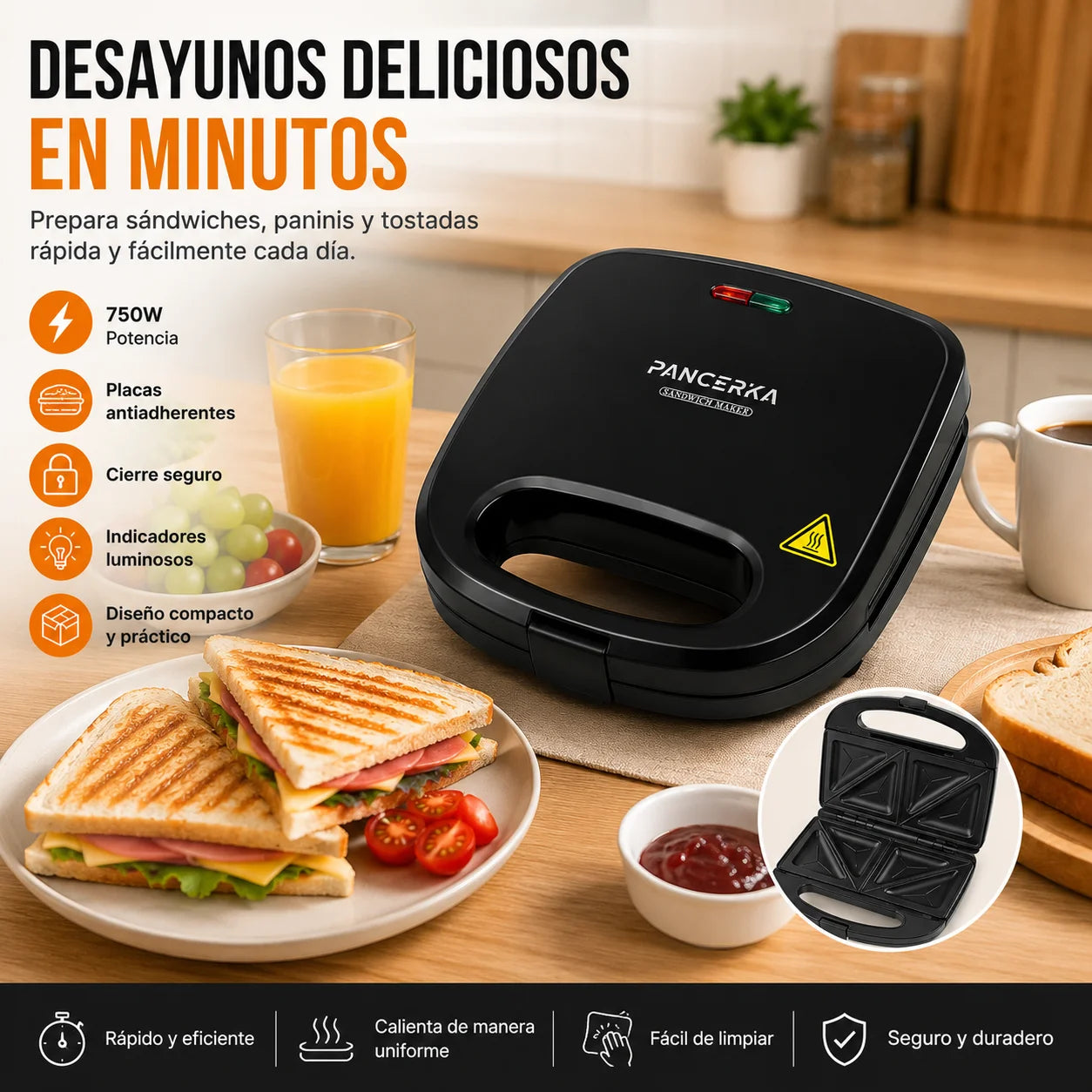 750W Electric Sandwich Maker for Sandwiches, Panini Toaster with 2 Non-Stick Plates, Breakfast Machine, Quick and Easy Cooking