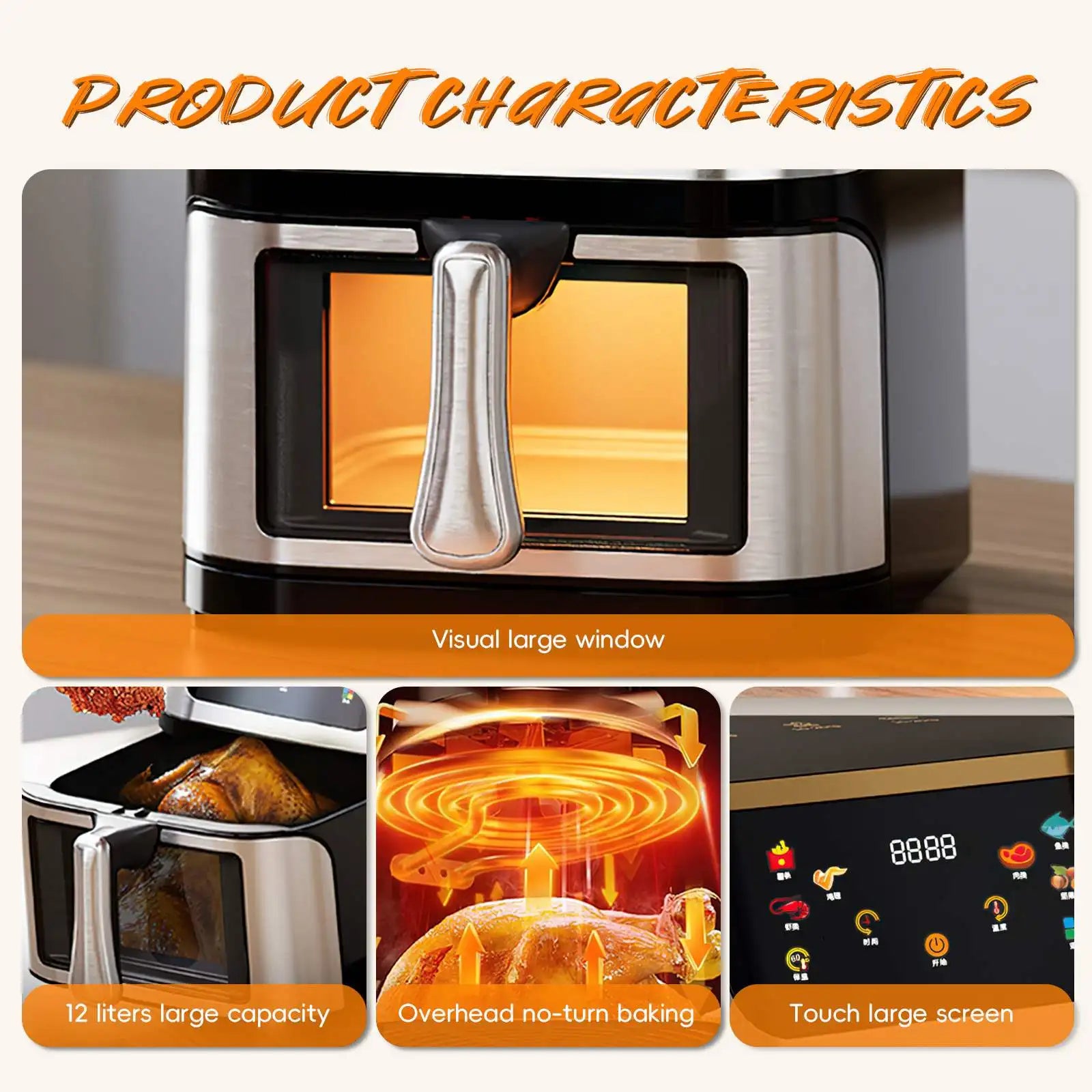 2800W 8L Large Capacity Air Fryer Toaster Oven LED Touch Screen Large Visual Window Accessories Included High Hot Air Circulation
