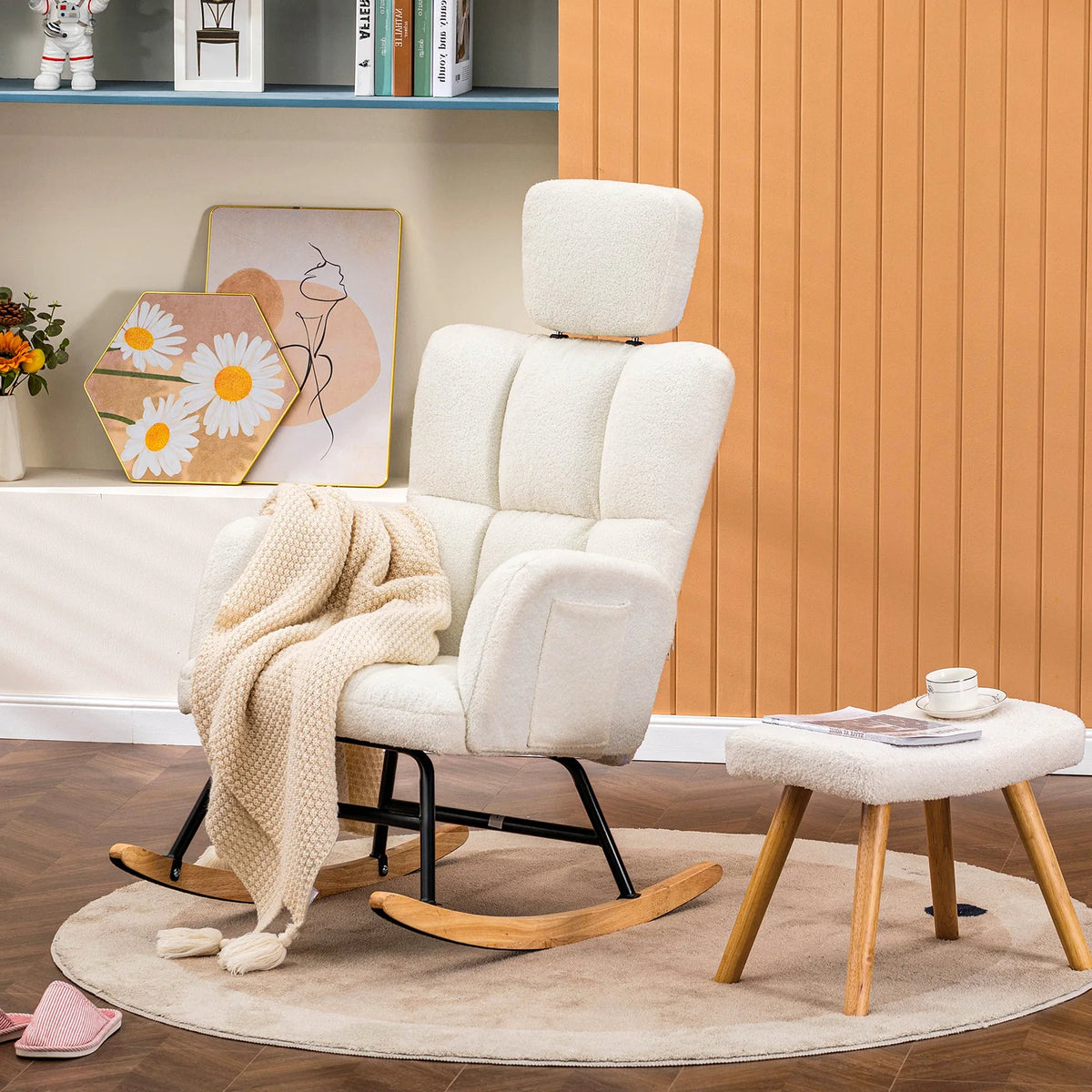 COMHOMA Rocking chair Rocking armchair with Armrests Headrest, Teddy Plush Swing armchair Ear armchair Sunbed Beige