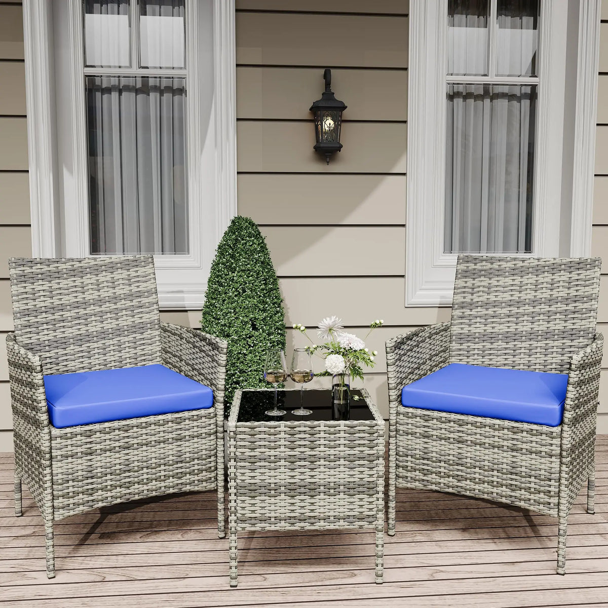 3-Piece Terrace and garden Bistro Set PE Rattan 2 Chairs coffee table Set Small Seating Set with Pillows for Balcony, Terrace and garden