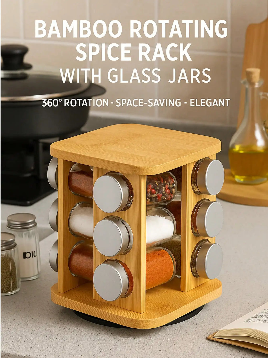 A Kitchen Bamboo Wood Bottom Multifunctional Spice Rack New Home Rotating Spice Rack Multi-Grid Round Square Bamboo Spice Rack
