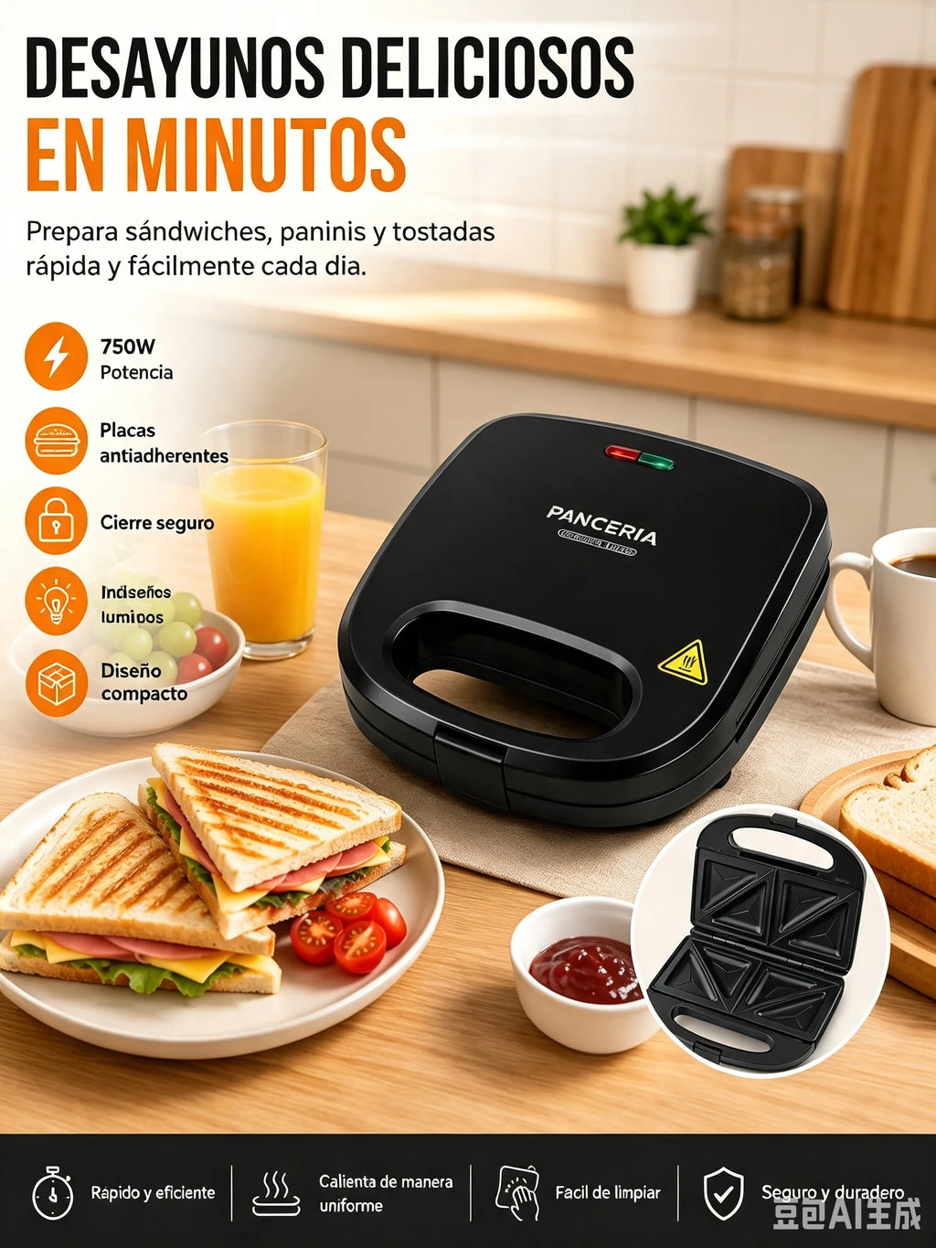 750W Electric Sandwich Maker for Sandwiches, Panini Toaster with 2 Non-Stick Plates, Breakfast Machine, Quick and Easy Cooking