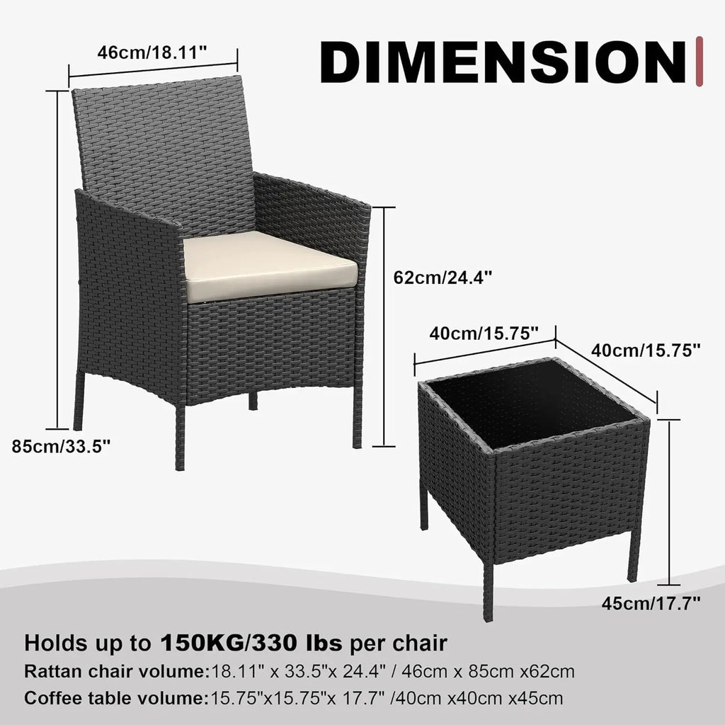 3-Piece Terrace and garden Bistro Set PE Rattan 2 Chairs coffee table Set Small Seating Set with Pillows for Balcony, Terrace and garden