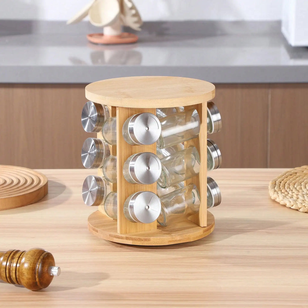 A Kitchen Bamboo Wood Bottom Multifunctional Spice Rack New Home Rotating Spice Rack Multi-Grid Round Square Bamboo Spice Rack