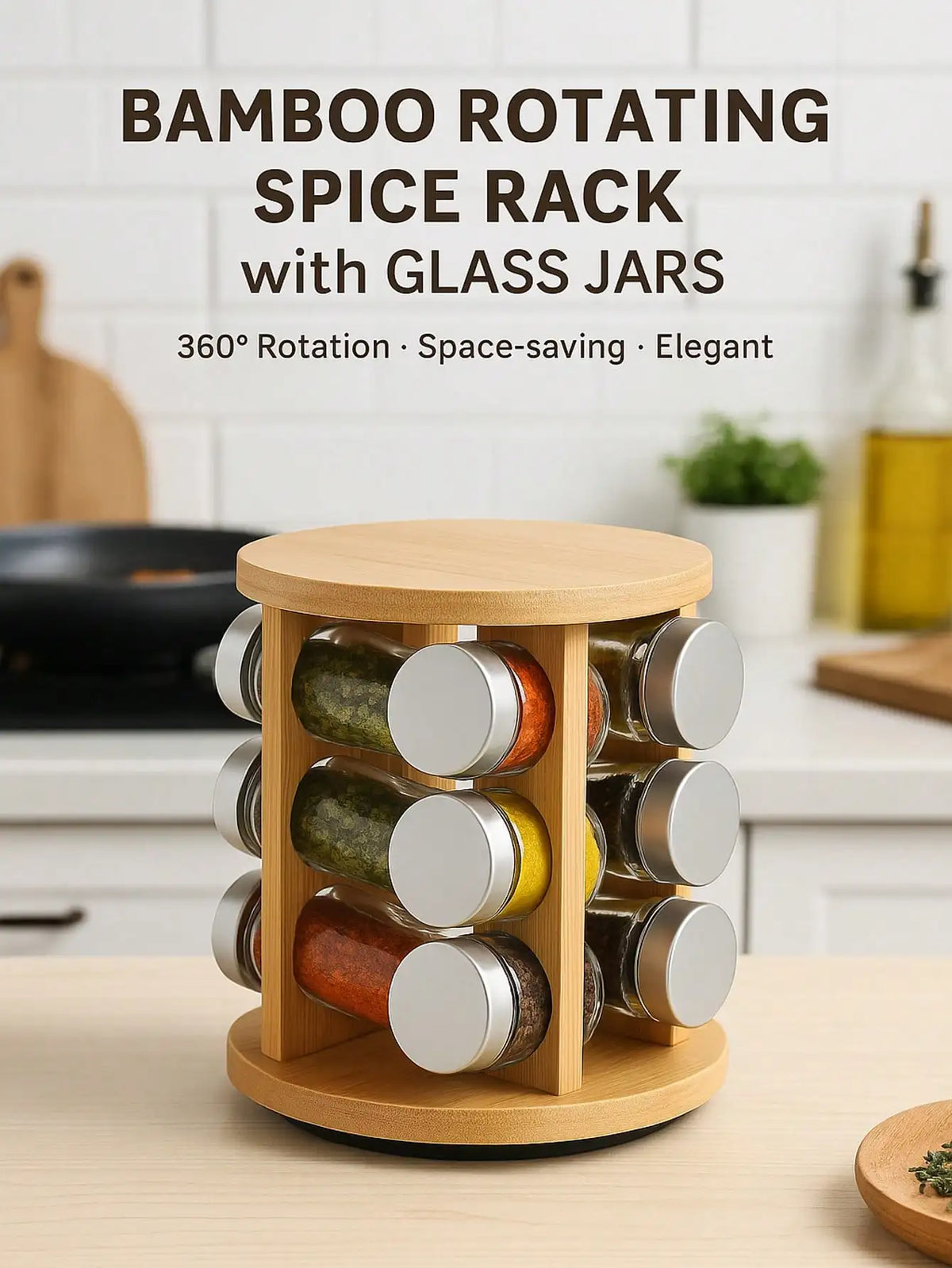 A Kitchen Bamboo Wood Bottom Multifunctional Spice Rack New Home Rotating Spice Rack Multi-Grid Round Square Bamboo Spice Rack