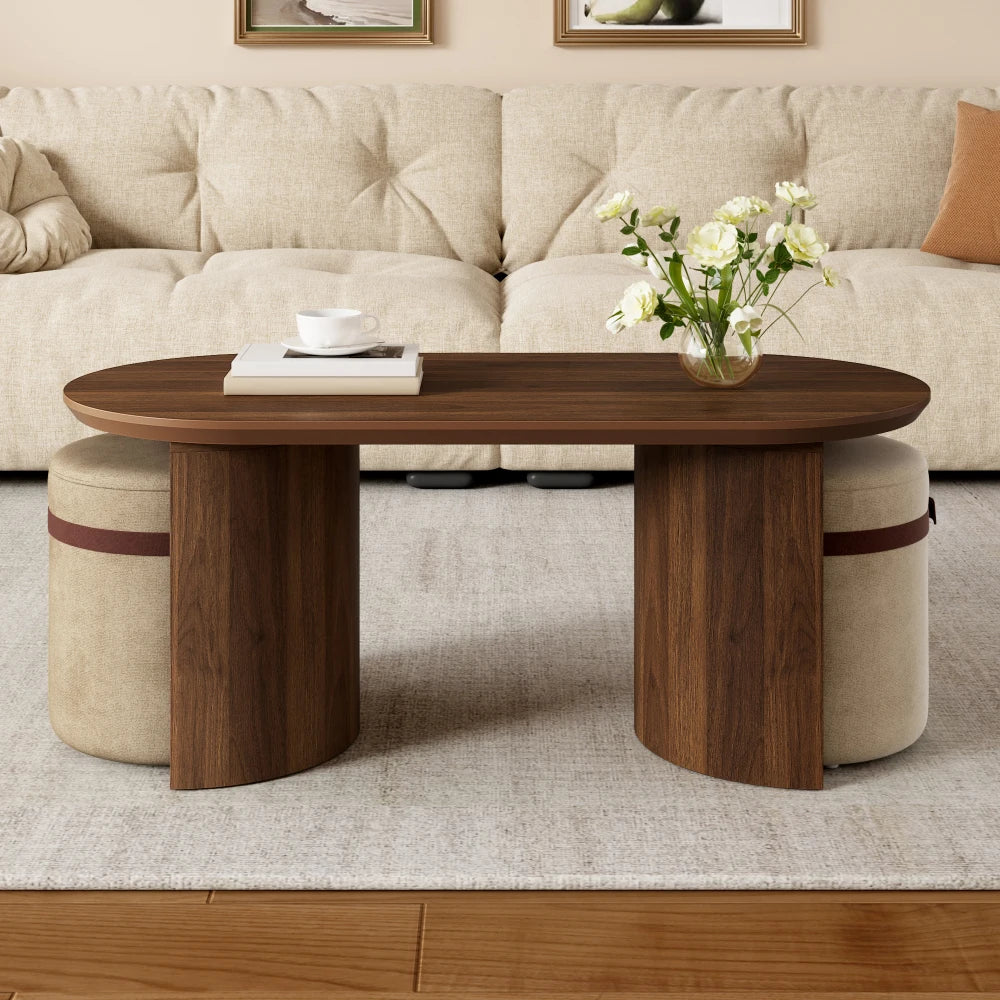 Coffee Table Set with 2 Stools, Oval Coffee Table, Upholstered Stools, Sofa Table, Modern Style, Rounded Edges, Mdf, Walnut Color