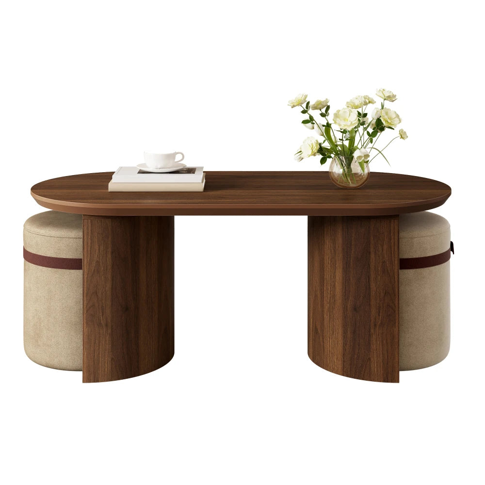 Coffee Table Set with 2 Stools, Oval Coffee Table, Upholstered Stools, Sofa Table, Modern Style, Rounded Edges, Mdf, Walnut Color
