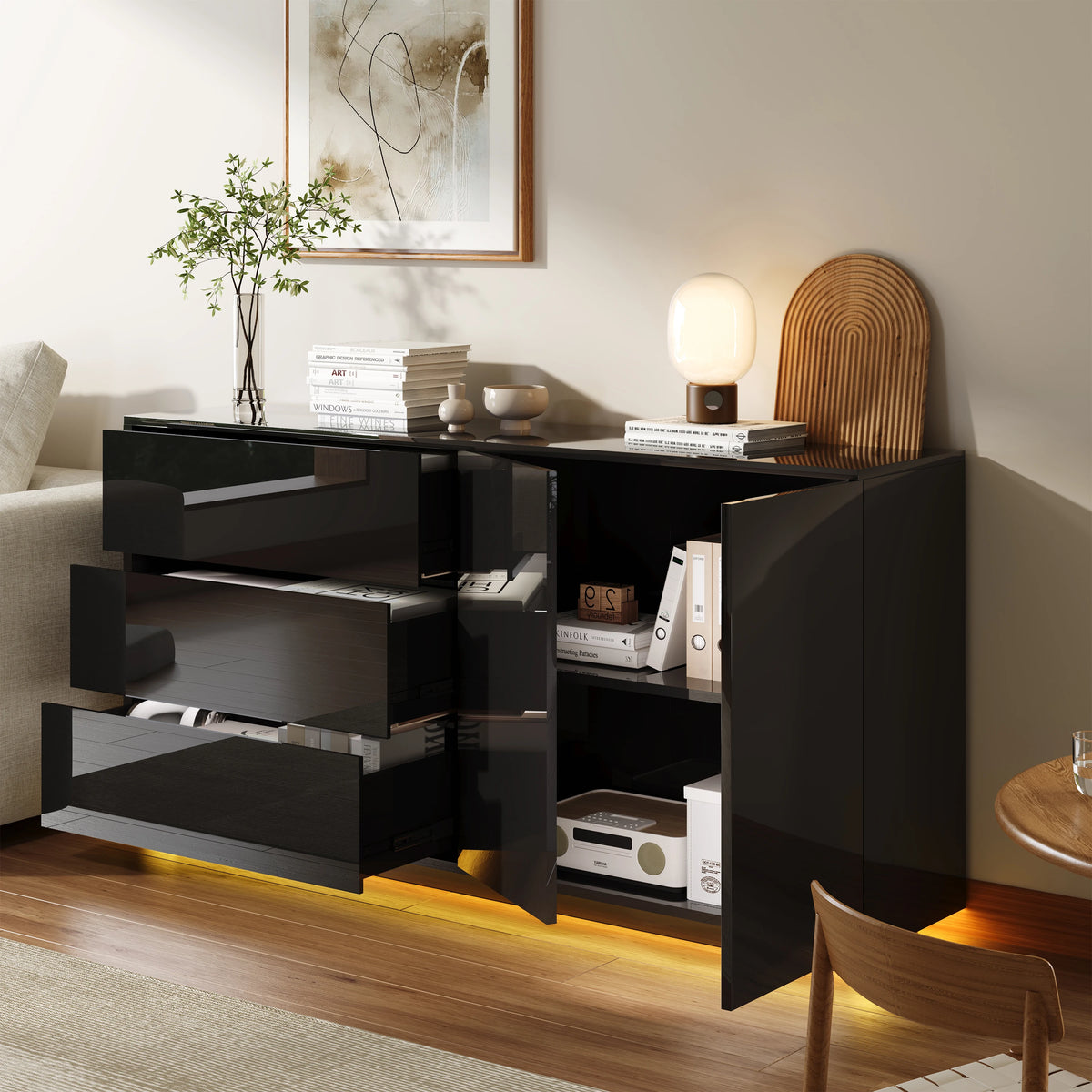 Sideboard High Gloss White Kitchen Storage Cabeint with Drawers and Doors,Modern Sideboard with Door and Drawers,Buffet Cabinet,Chest of Drawers for Kicthen,Living Room