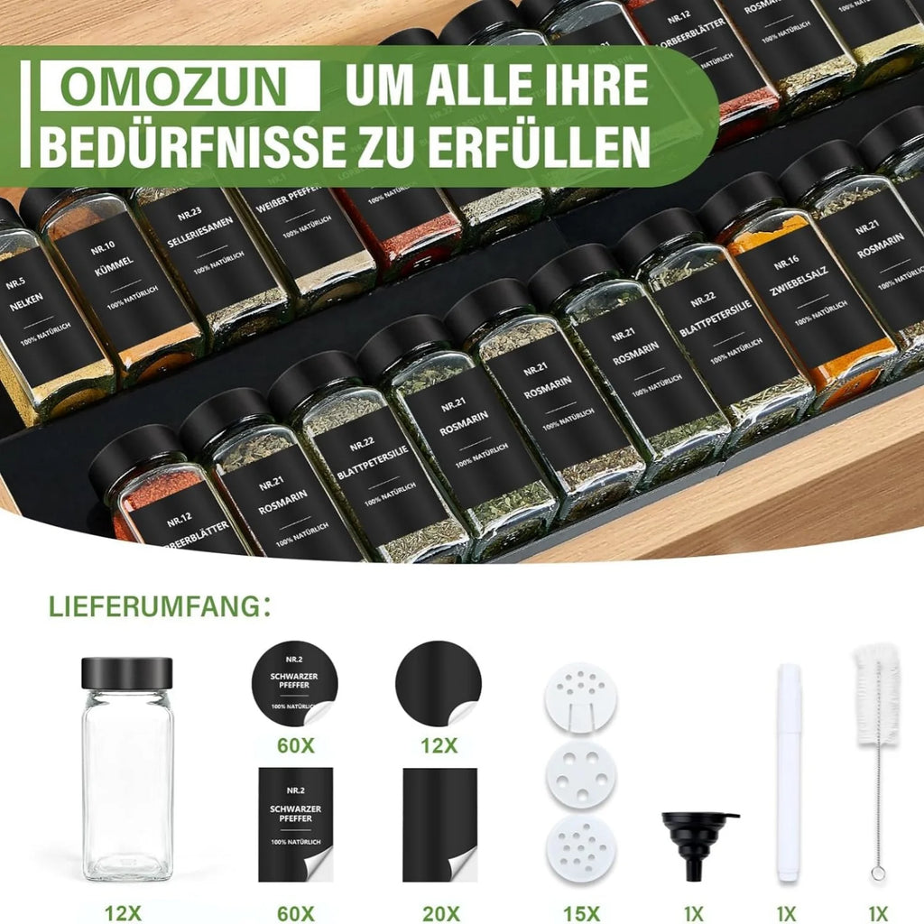 Spice storage containers with lid, 12 set, glass container, square, waterproof lettering 120 ml, frosted lid, durable, Black