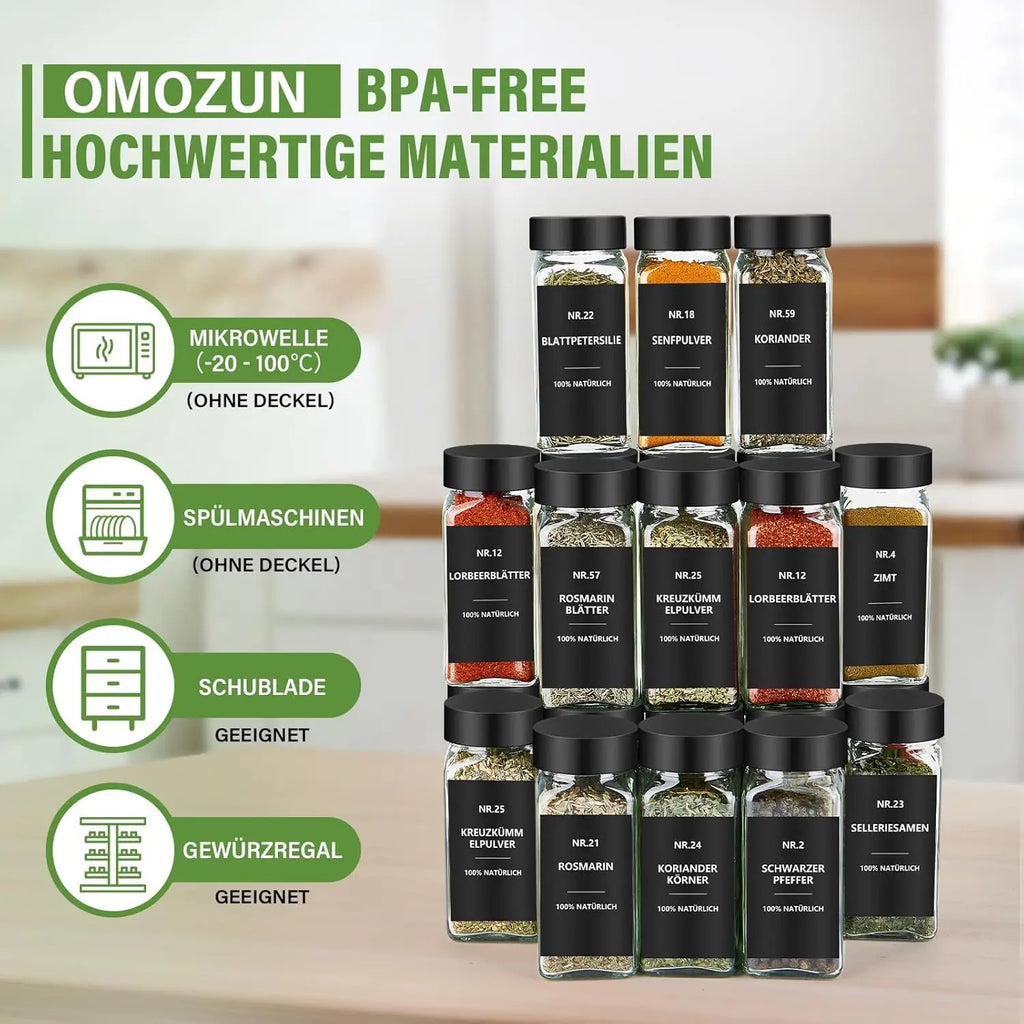 Spice storage containers with lid, 12 set, glass container, square, waterproof lettering 120 ml, frosted lid, durable, Black