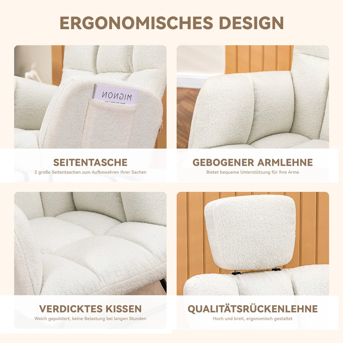 COMHOMA Rocking chair Rocking armchair with Armrests Headrest, Teddy Plush Swing armchair Ear armchair Sunbed Beige