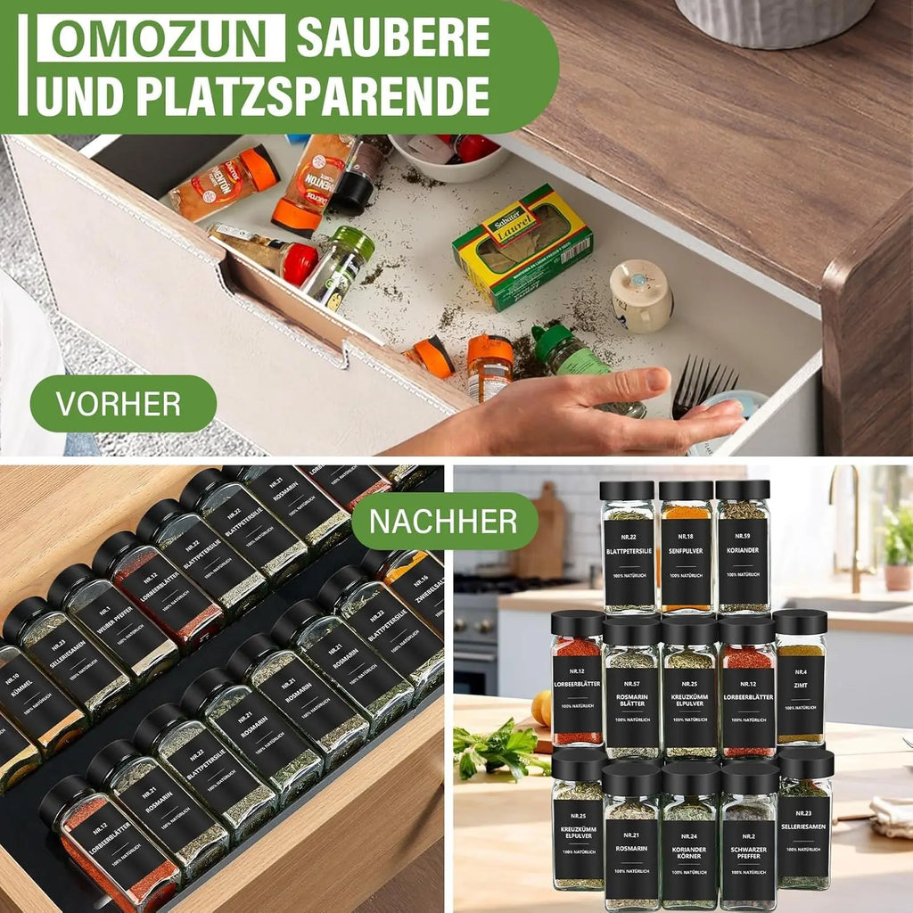 Spice storage containers with lid, 12 set, glass container, square, waterproof lettering 120 ml, frosted lid, durable, Black