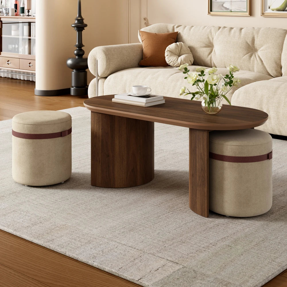 Coffee Table Set with 2 Stools, Oval Coffee Table, Upholstered Stools, Sofa Table, Modern Style, Rounded Edges, Mdf, Walnut Color