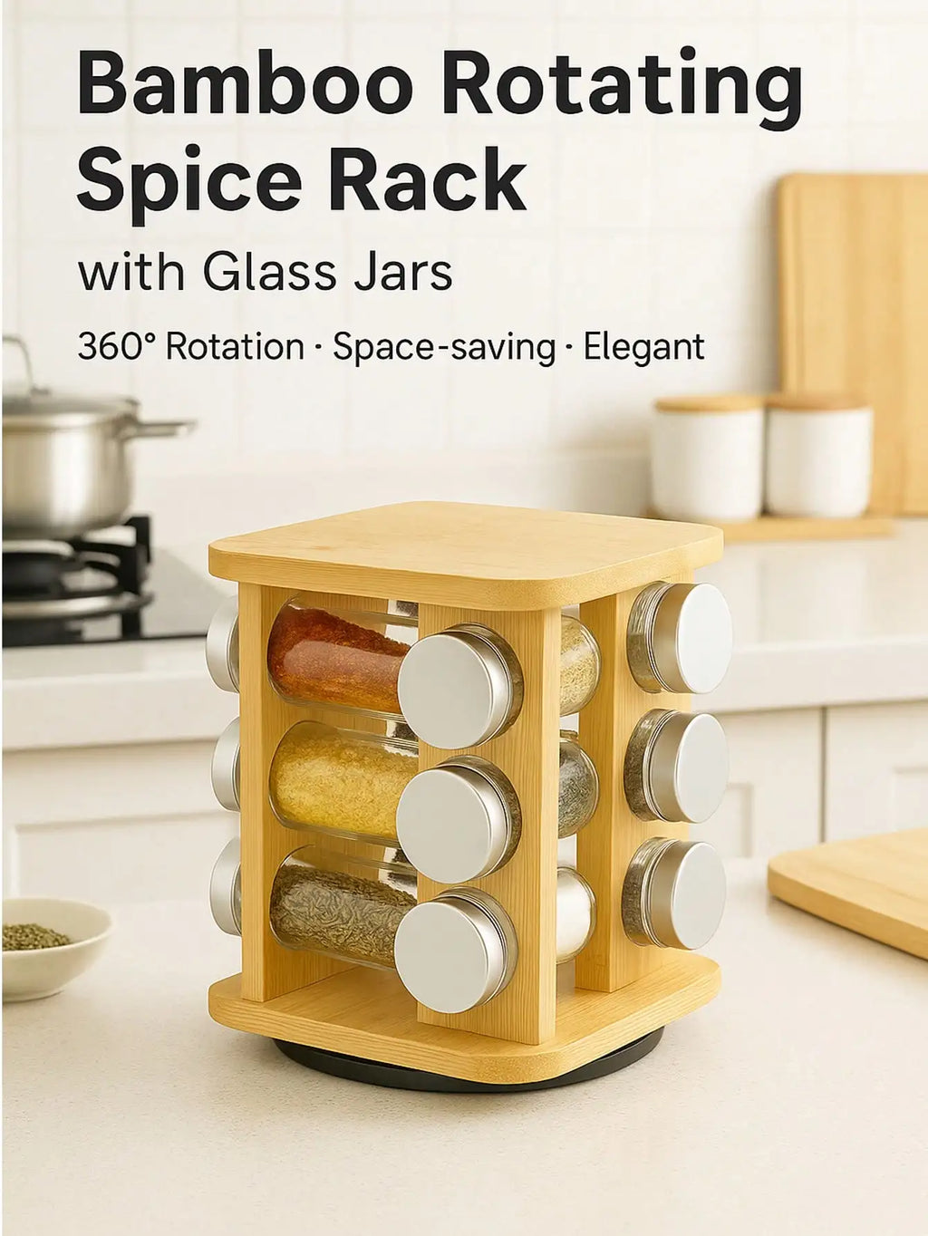 A Kitchen Bamboo Wood Bottom Multifunctional Spice Rack New Home Rotating Spice Rack Multi-Grid Round Square Bamboo Spice Rack