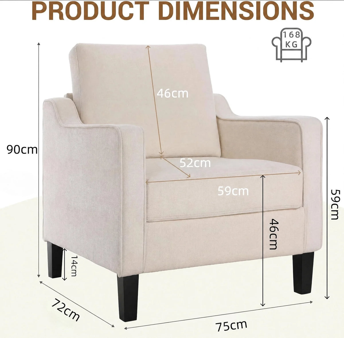 75x71x90cm,Mid-Century Armchair,Chenille Upholstered Armchair with Armrests,15.5cm Thick Seat Cushion,for Living Room,Bedroom