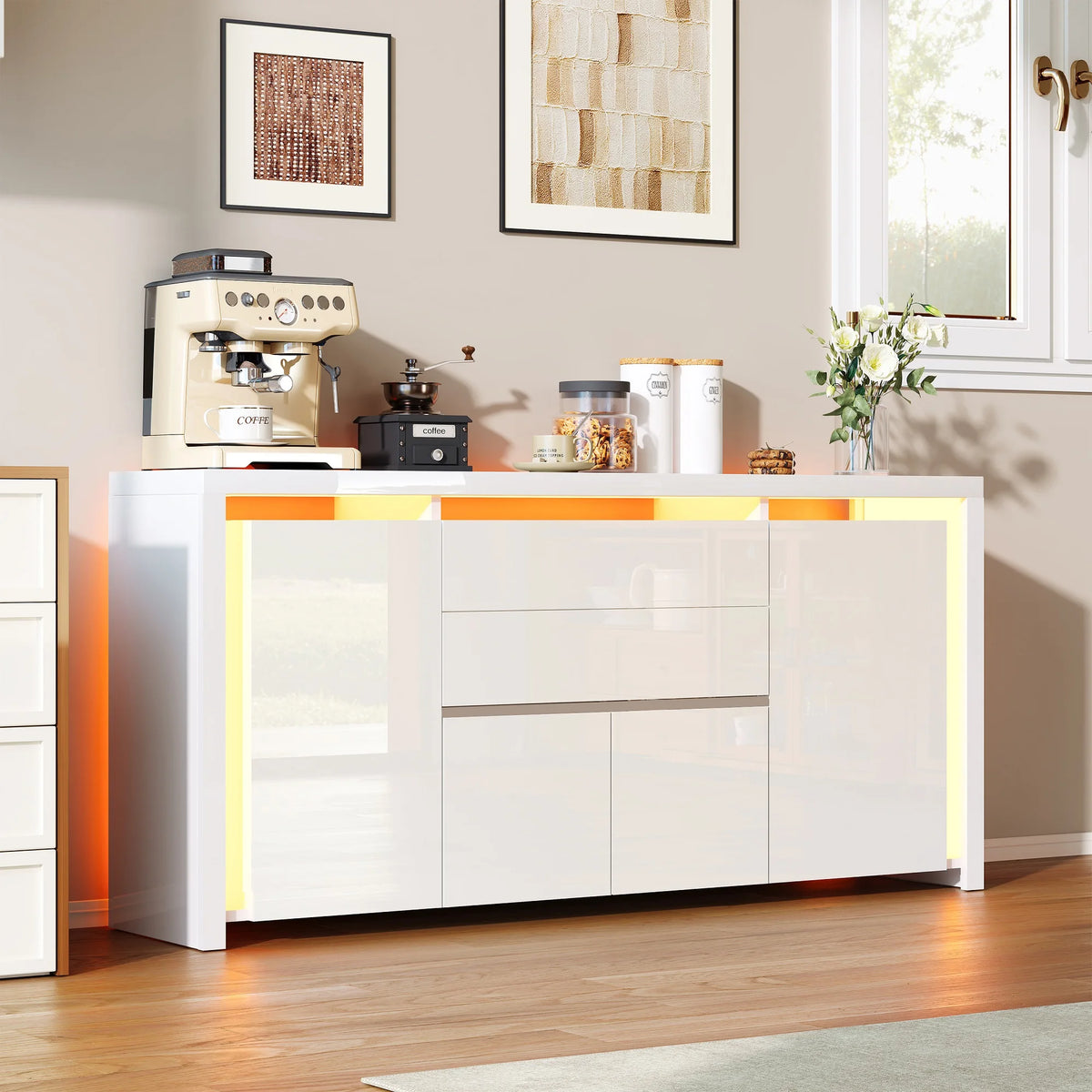 Sideboard High Gloss White Kitchen Storage Cabeint with Drawers and Doors,Modern Sideboard with Door and Drawers,Buffet Cabinet,Chest of Drawers for Kicthen,Living Room