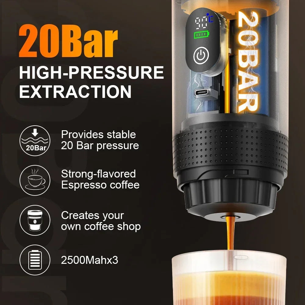 Máquina de Café Portátil 3 em 1 com Ecrã Digital | Cápsulas e Café Moído | Casa e Carro