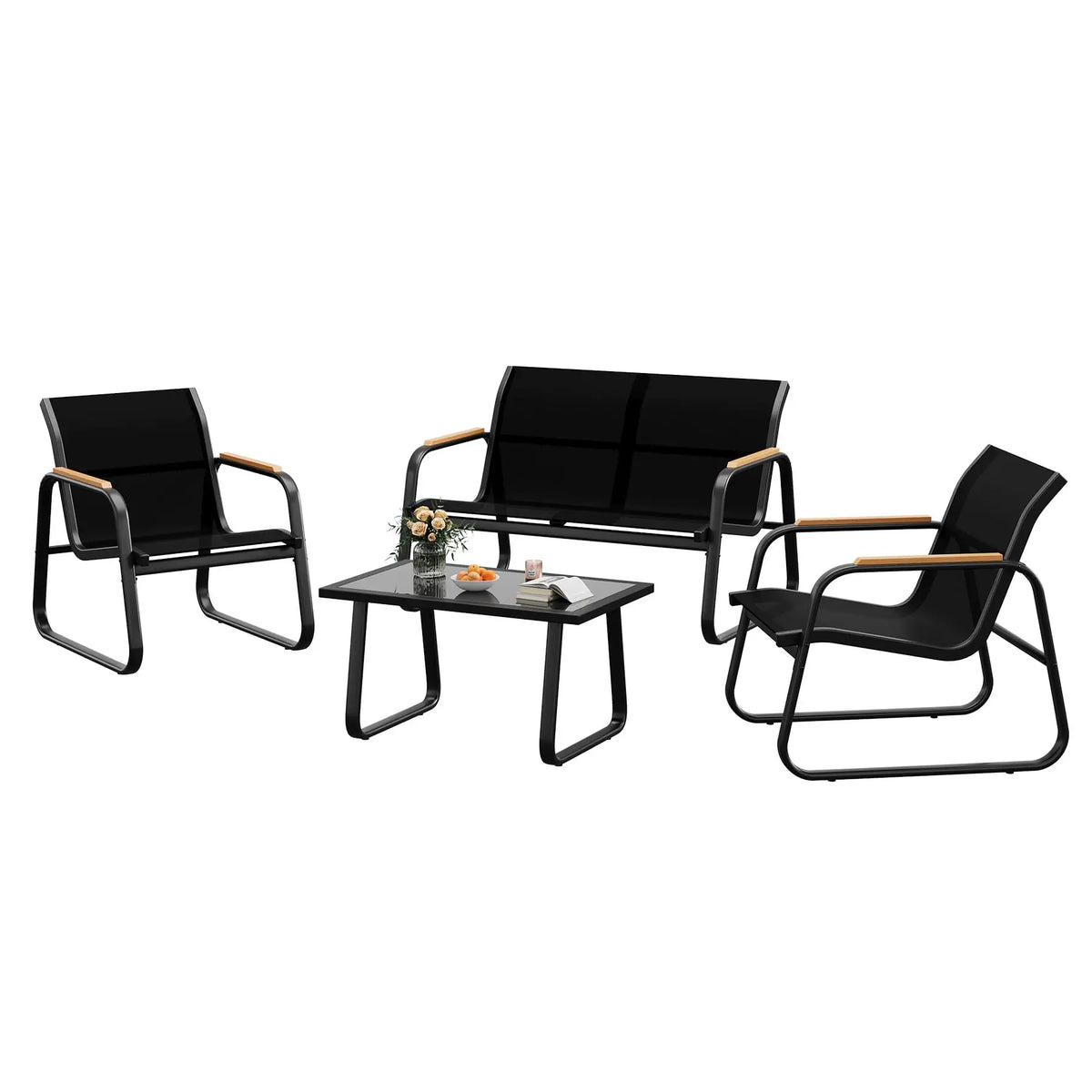 Steel Patio Sofa Set – 3/4-Piece Modern Outdoor Conversation Furniture with Double Sofa, 2 Armchairs & Glass Coffee Table – Durable Textilene for Garden Balcony Yard Poolside – Easy Assembly