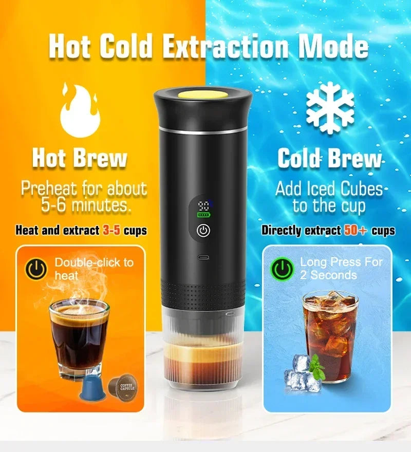 Máquina de Café Portátil 3 em 1 com Ecrã Digital | Cápsulas e Café Moído | Casa e Carro