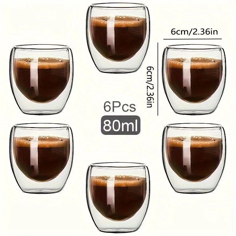 6pcs Glass Espresso Coffee Mugs 2.7OZ,Double Wall Insulated Cups Set Drinking Glasses For Tea,Coffee,Latte,Cafe,Milk,Clear