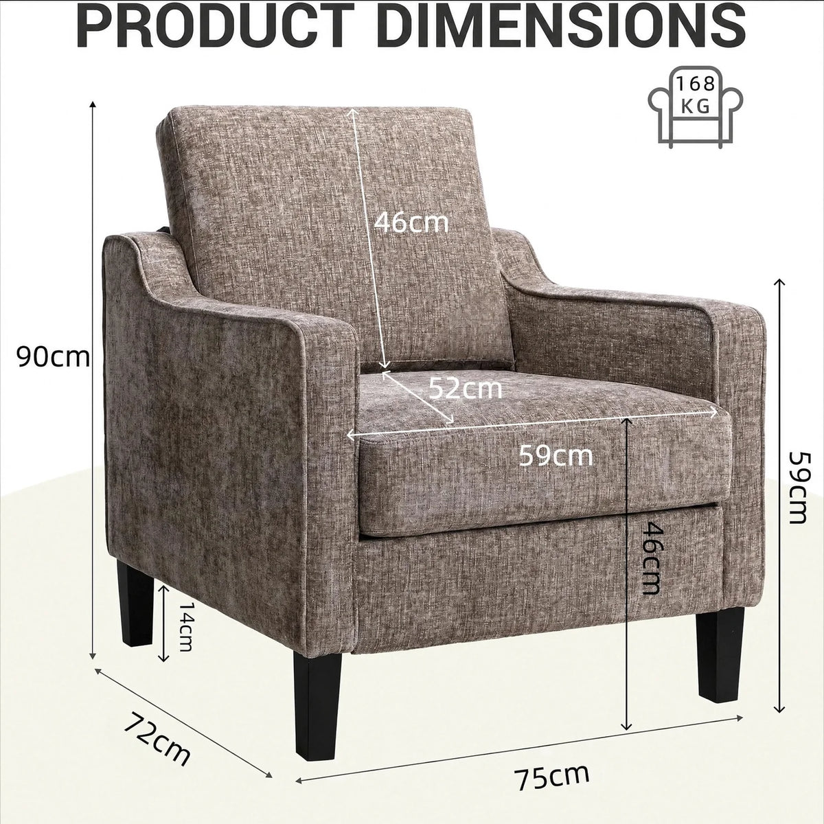 75x71x90cm,Mid-Century Armchair,Chenille Upholstered Armchair with Armrests,15.5cm Thick Seat Cushion,for Living Room,Bedroom