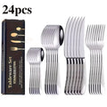 24pcs stainless steel tableware set, including knife, fork, spoon and coffee spoon gift box, dishwasher safe.