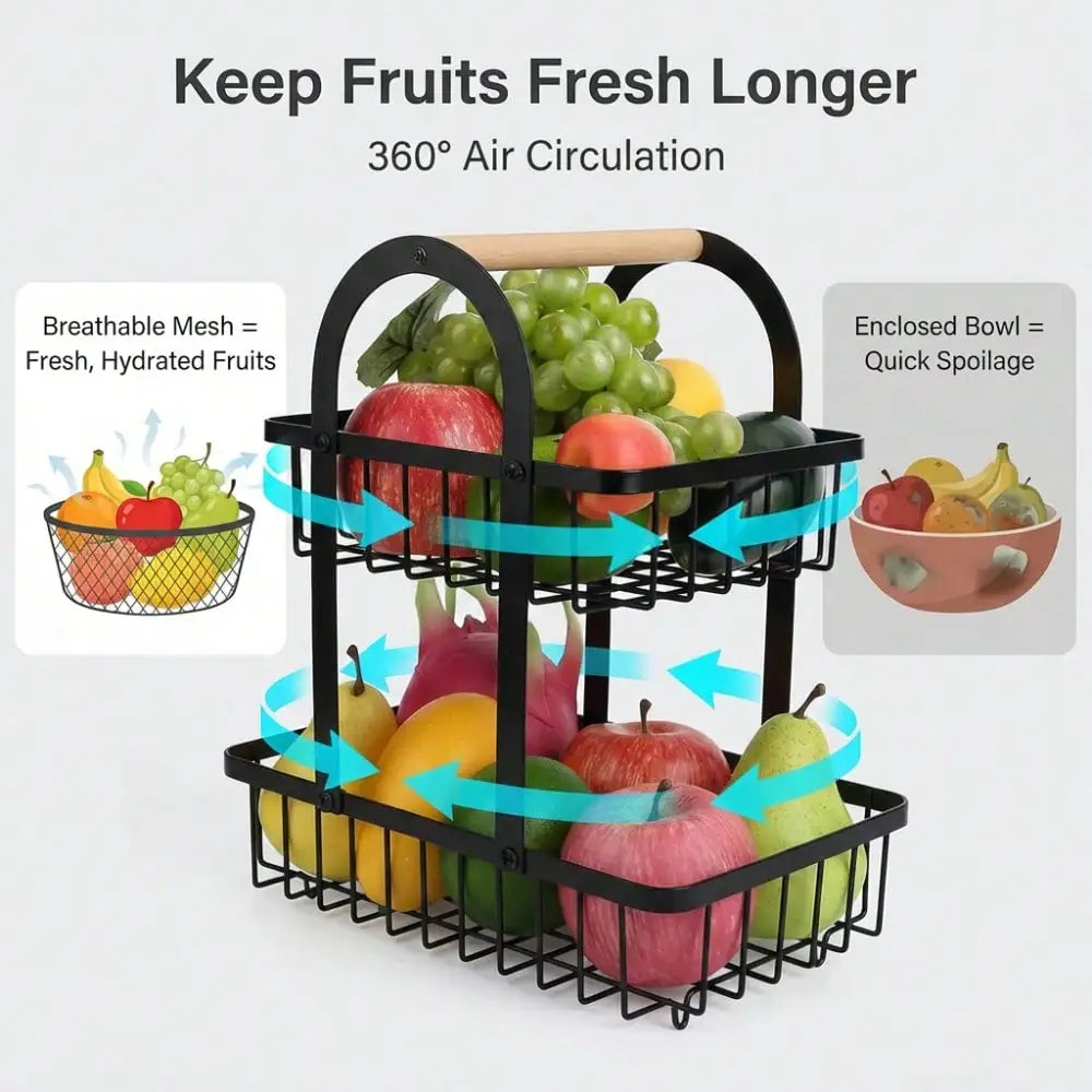 2-Tier Fruit Basket with Wooden Handle, Portable Kitchen Countertop Fruit Holder, Multi-Purpose Storage for Kitchen, Livingroom