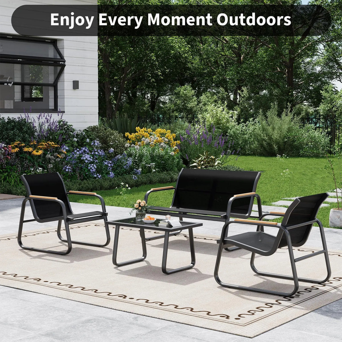 Steel Patio Sofa Set – 3/4-Piece Modern Outdoor Conversation Furniture with Double Sofa, 2 Armchairs & Glass Coffee Table – Durable Textilene for Garden Balcony Yard Poolside – Easy Assembly