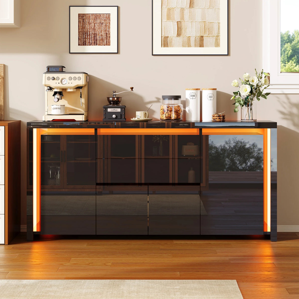 Sideboard High Gloss White Kitchen Storage Cabeint with Drawers and Doors,Modern Sideboard with Door and Drawers,Buffet Cabinet,Chest of Drawers for Kicthen,Living Room