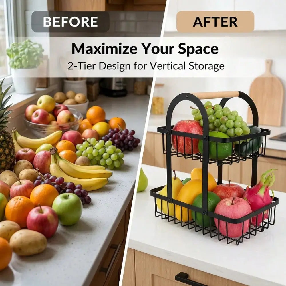 2-Tier Fruit Basket with Wooden Handle, Portable Kitchen Countertop Fruit Holder, Multi-Purpose Storage for Kitchen, Livingroom