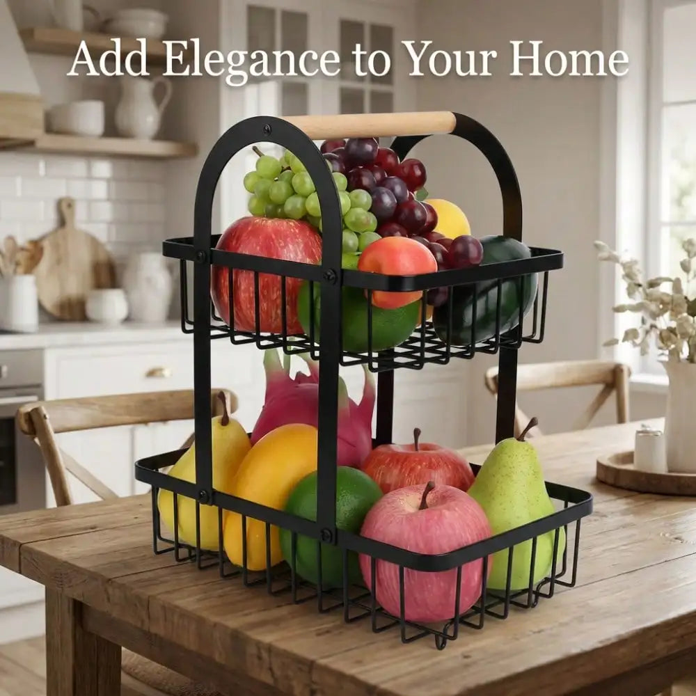 2-Tier Fruit Basket with Wooden Handle, Portable Kitchen Countertop Fruit Holder, Multi-Purpose Storage for Kitchen, Livingroom