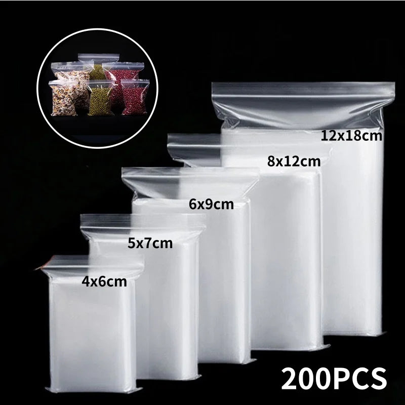 200/100PCS Transparent Zip Bags Food Jewelry Vacuum Storage Bag Plastic Thicken Reclosable Poly Bag Kitchen Organization Package
