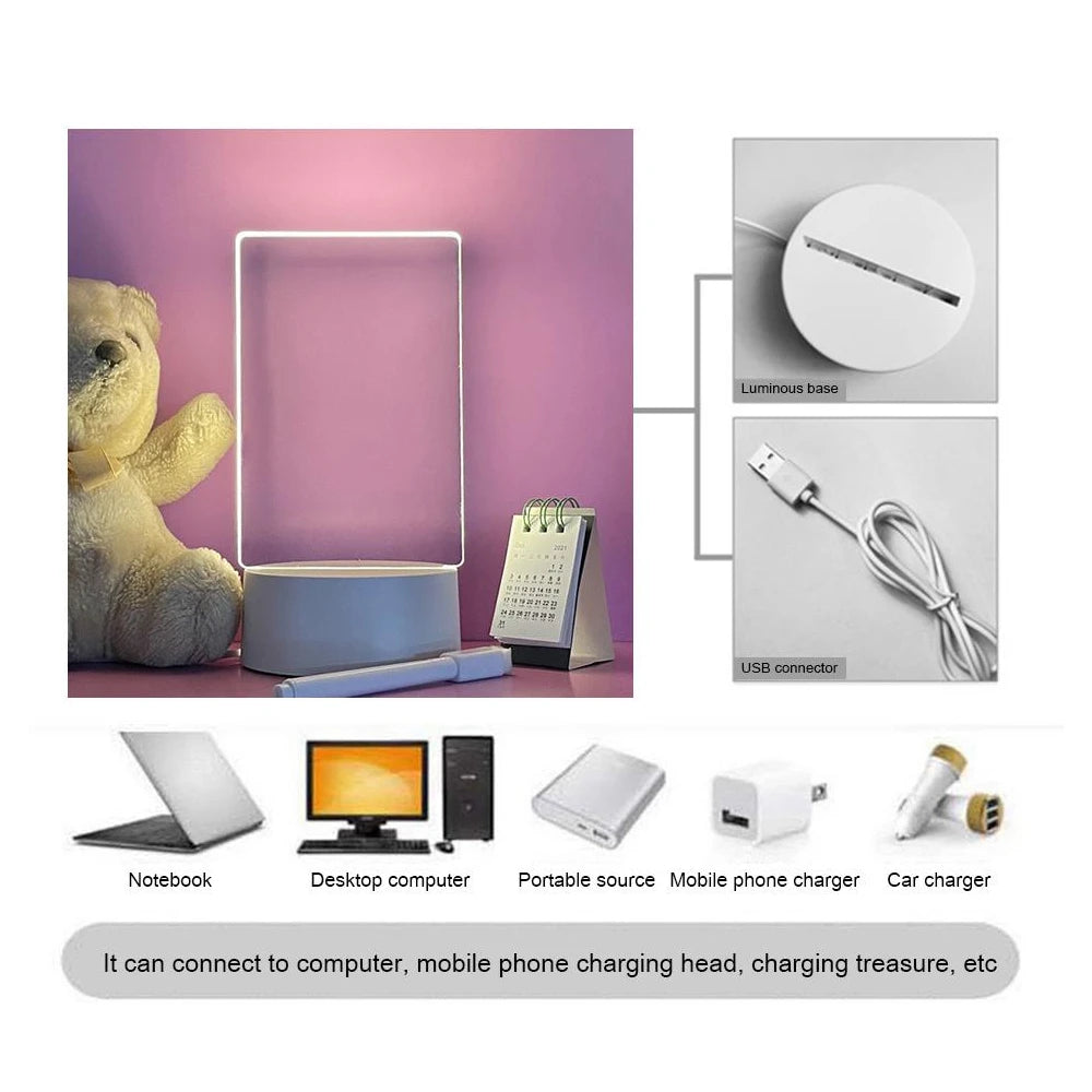 Luz de Presença LED USB com Quadro Apagável | Calendário e Mensagens | Decoração Mesa