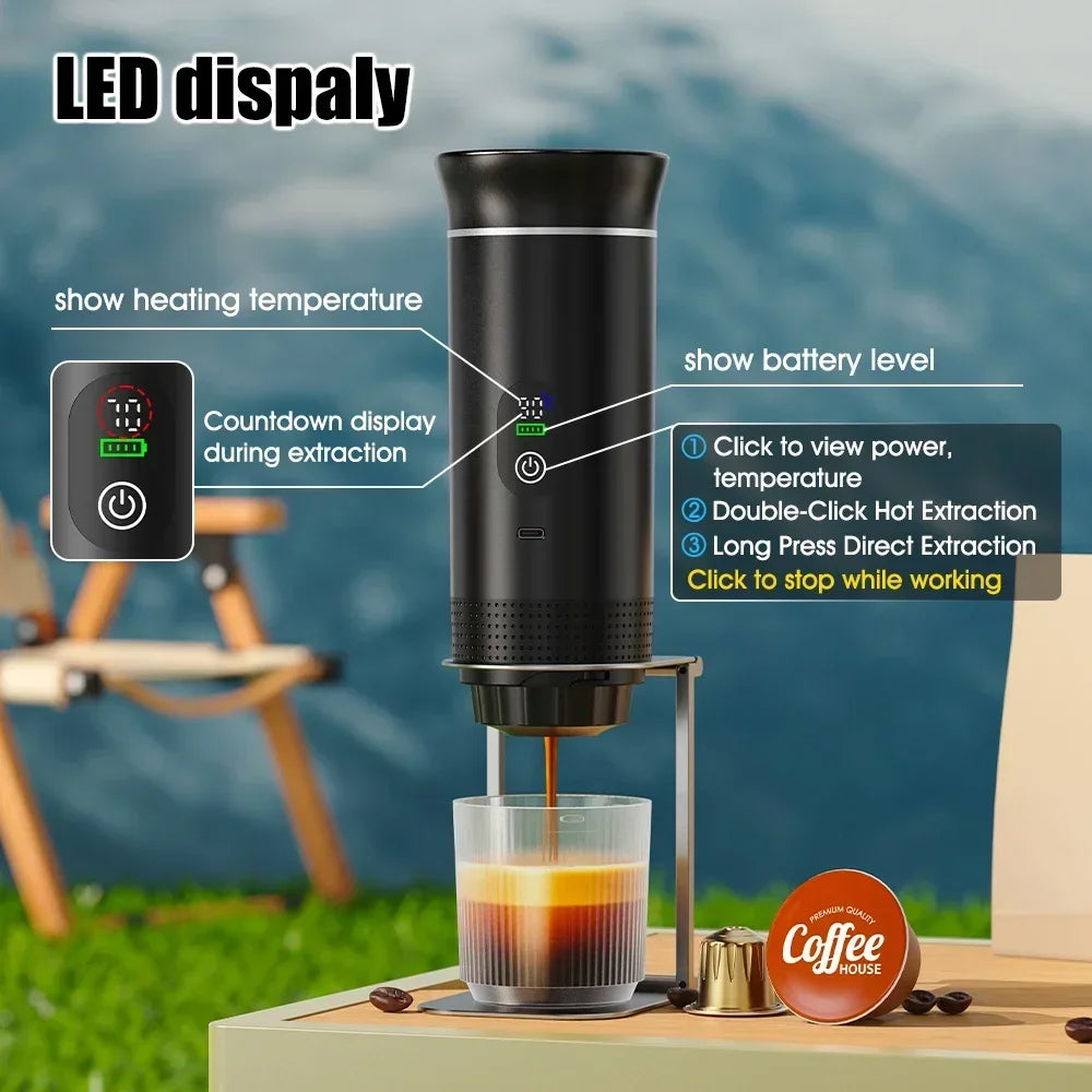 Máquina de Café Portátil 3 em 1 com Ecrã Digital | Cápsulas e Café Moído | Casa e Carro