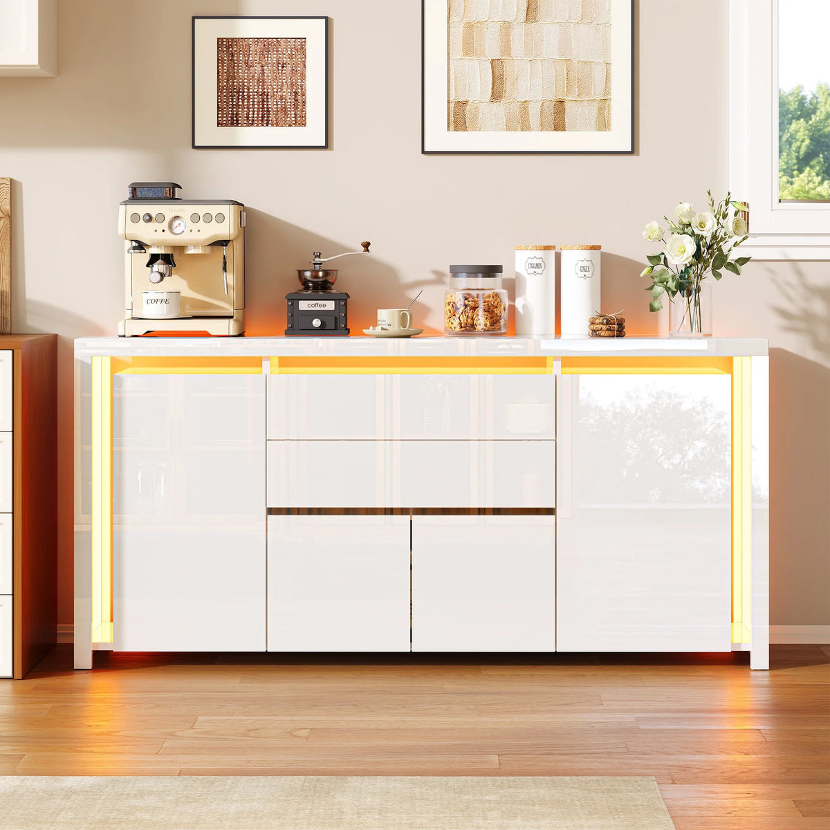 Sideboard High Gloss White Kitchen Storage Cabeint with Drawers and Doors,Modern Sideboard with Door and Drawers,Buffet Cabinet,Chest of Drawers for Kicthen,Living Room