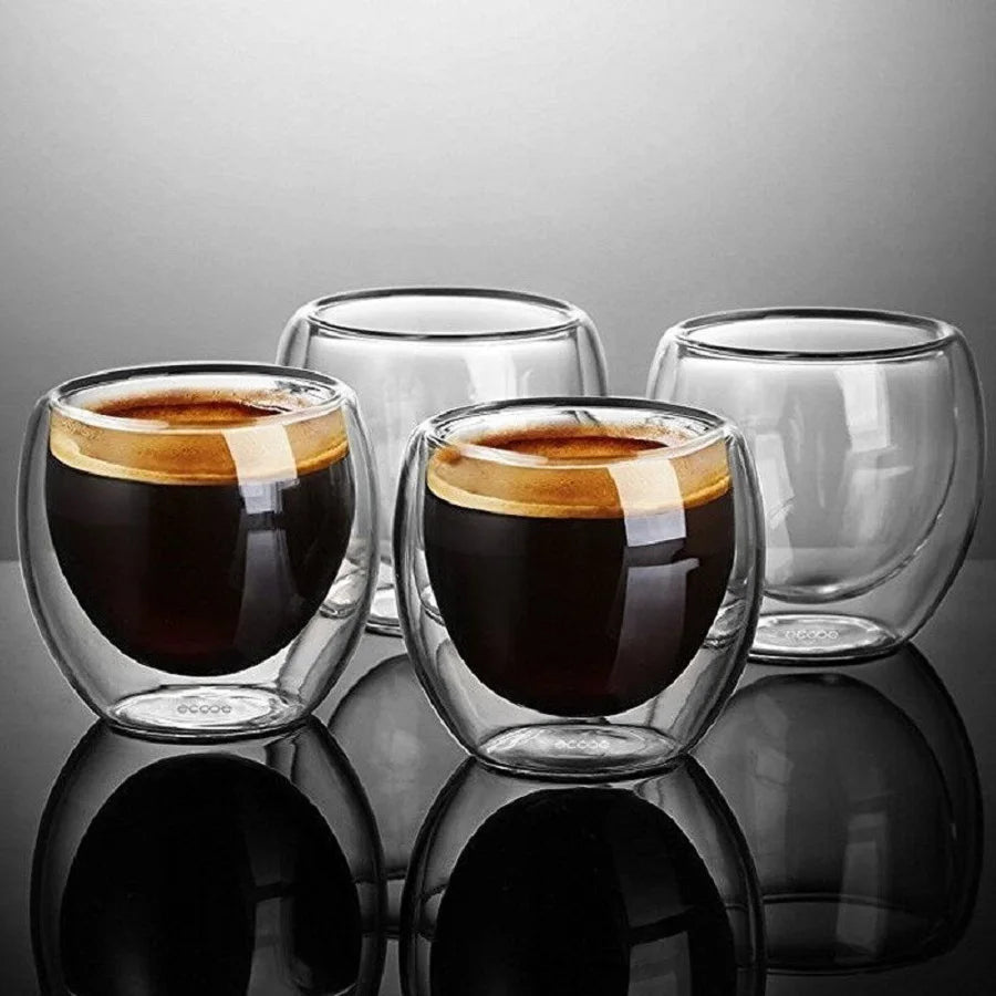 6pcs Glass Espresso Coffee Mugs 2.7OZ,Double Wall Insulated Cups Set Drinking Glasses For Tea,Coffee,Latte,Cafe,Milk,Clear