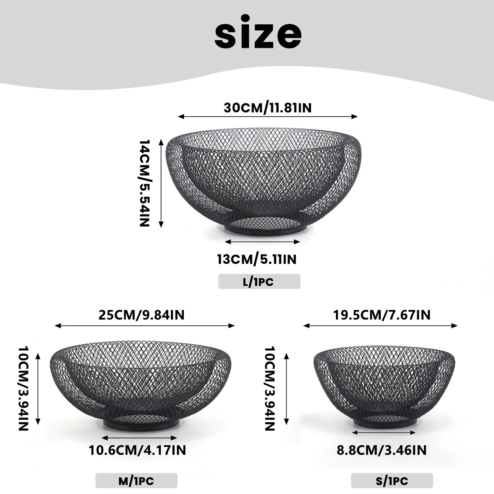3 Sizes S/M L Black Metal Fruit Basket, Countertop Fruit Storage Bowl Holder, Multi-Purpose Organizer for Kitchen, Coffee Bar, Living Room & Bathroom