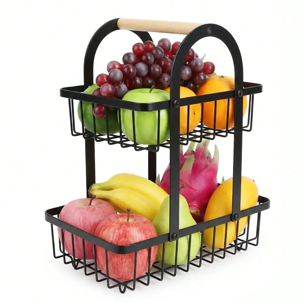 2-Tier Fruit Basket with Wooden Handle, Portable Kitchen Countertop Fruit Holder, Multi-Purpose Storage for Kitchen, Livingroom