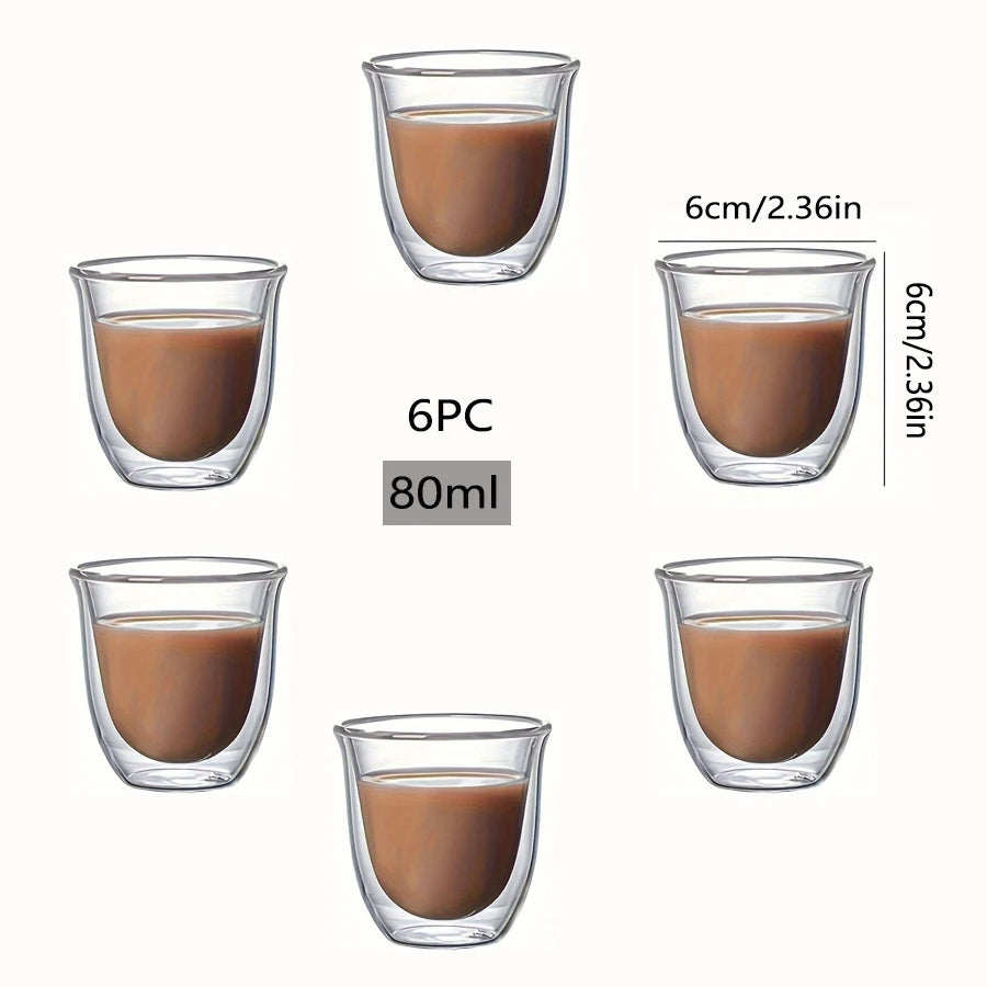 6pcs Glass Espresso Coffee Mugs 2.7OZ,Double Wall Insulated Cups Set Drinking Glasses For Tea,Coffee,Latte,Cafe,Milk,Clear
