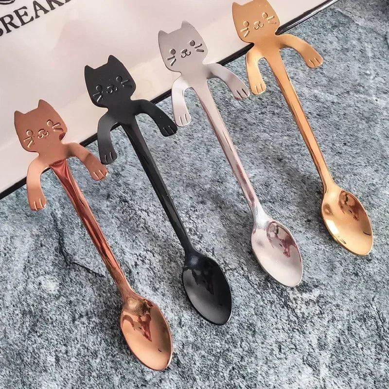 Stainless Steel Cat Coffee Spoon Mini Cute Cat Shaped Teaspoons Ice Cream Dessert Spoons Scoops Kitchen Tableware Gadgets