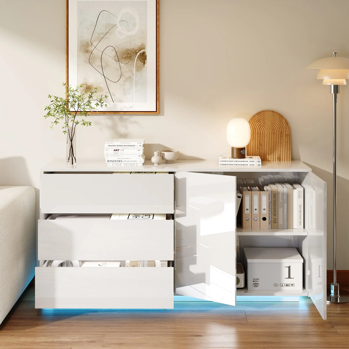 Sideboard High Gloss White Kitchen Storage Cabeint with Drawers and Doors,Modern Sideboard with Door and Drawers,Buffet Cabinet,Chest of Drawers for Kicthen,Living Room